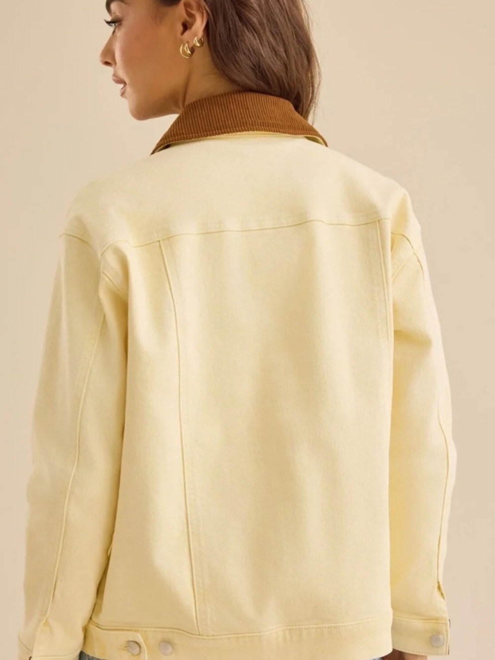 Altar'd State Butter Yellow Barn Jean Jacket with Brown Corduroy Collar - Picture 3 of 6